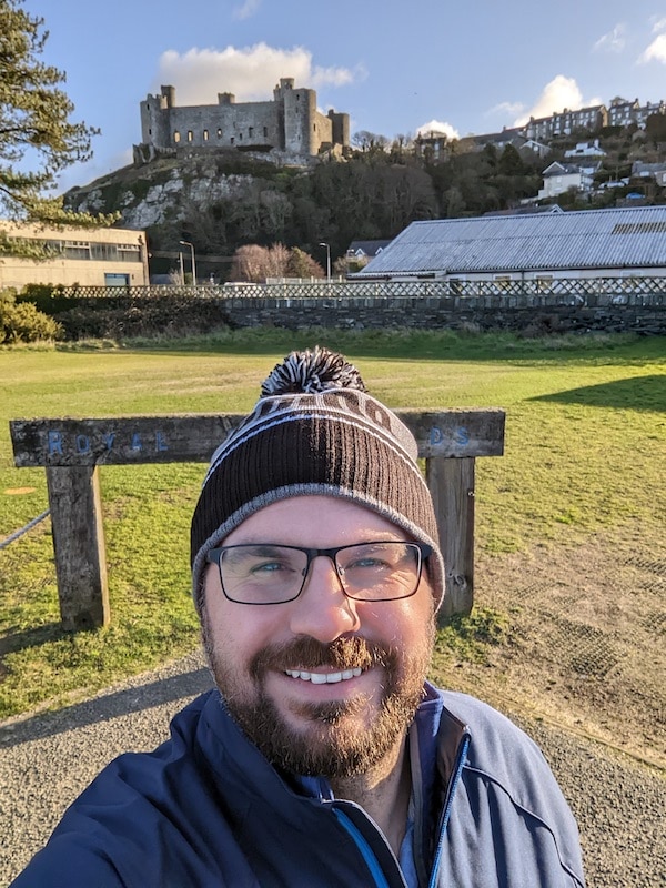 Jamie out walking, castle in the background